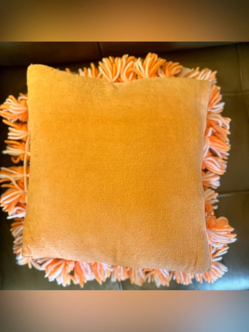 Vintage Peach Pom-Pom Accent Pillow - Handmade Fiber Art